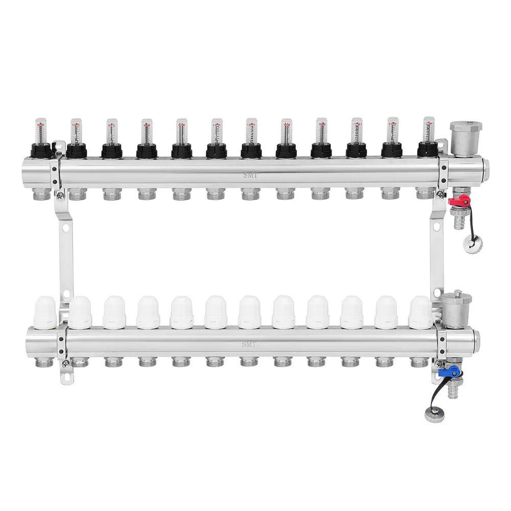 Латунный коллектор в сборе 12 контуров 1" 3/4" для теплого пола с ...
