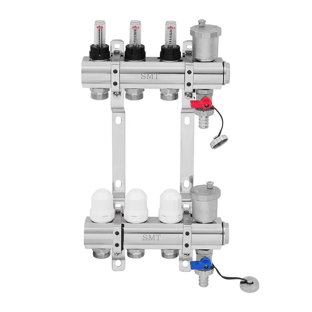 Латунный коллектор в сборе 3 контура 1" 3/4" для теплого пола с ...
