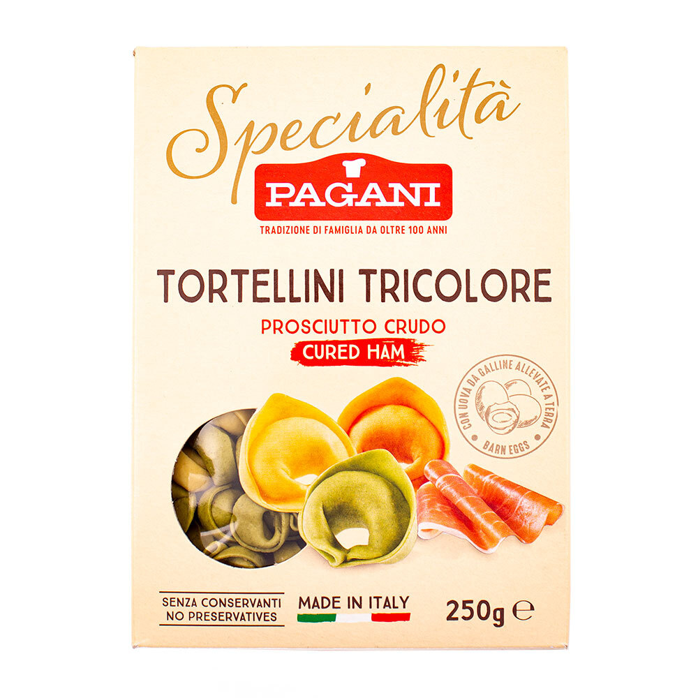 Тортеллини Триколор с прошутто крудо SPECIALITA, паста яичная фаршированная сыровяленым окороком, PAGANI, #1