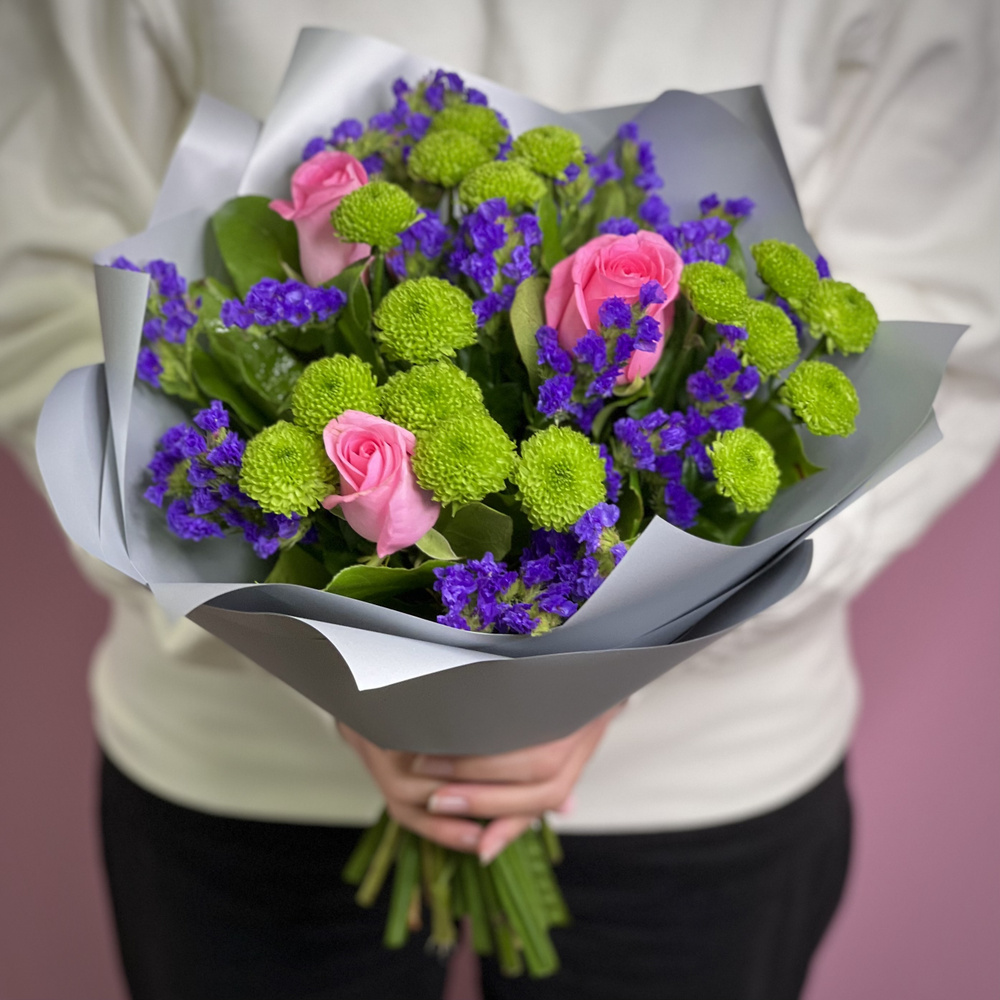 Кустовые хризантемы, Роза, Статица Flor2u, цвет зеленый, фиолетовый, 8 шт  купить по выгодной цене в интернет-магазине OZON (656163501)