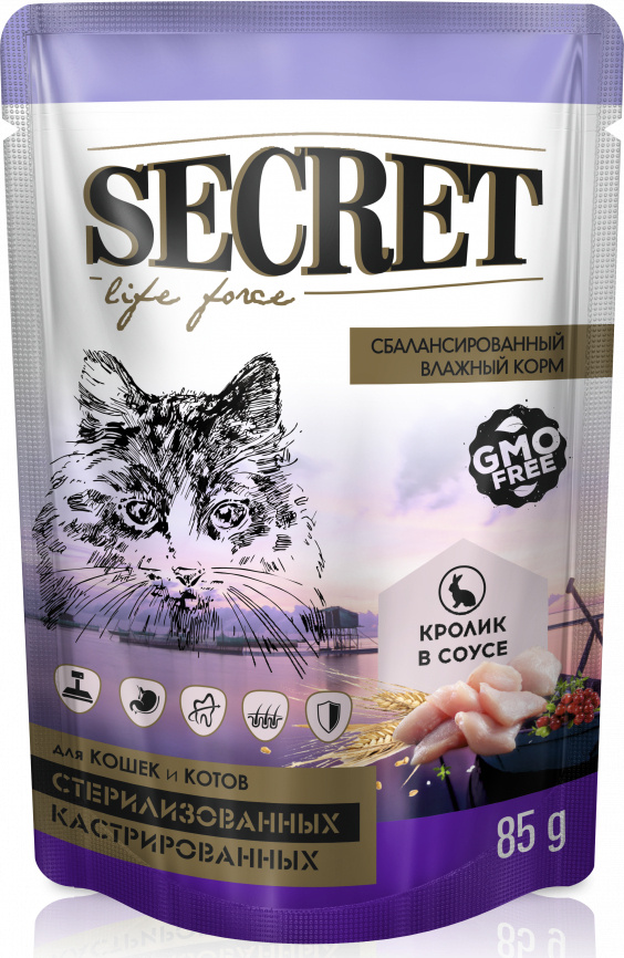 Влажный корм для стерилизованных кошек и кастрирированных котов Secret Life Force кролик в соусе 85г #1