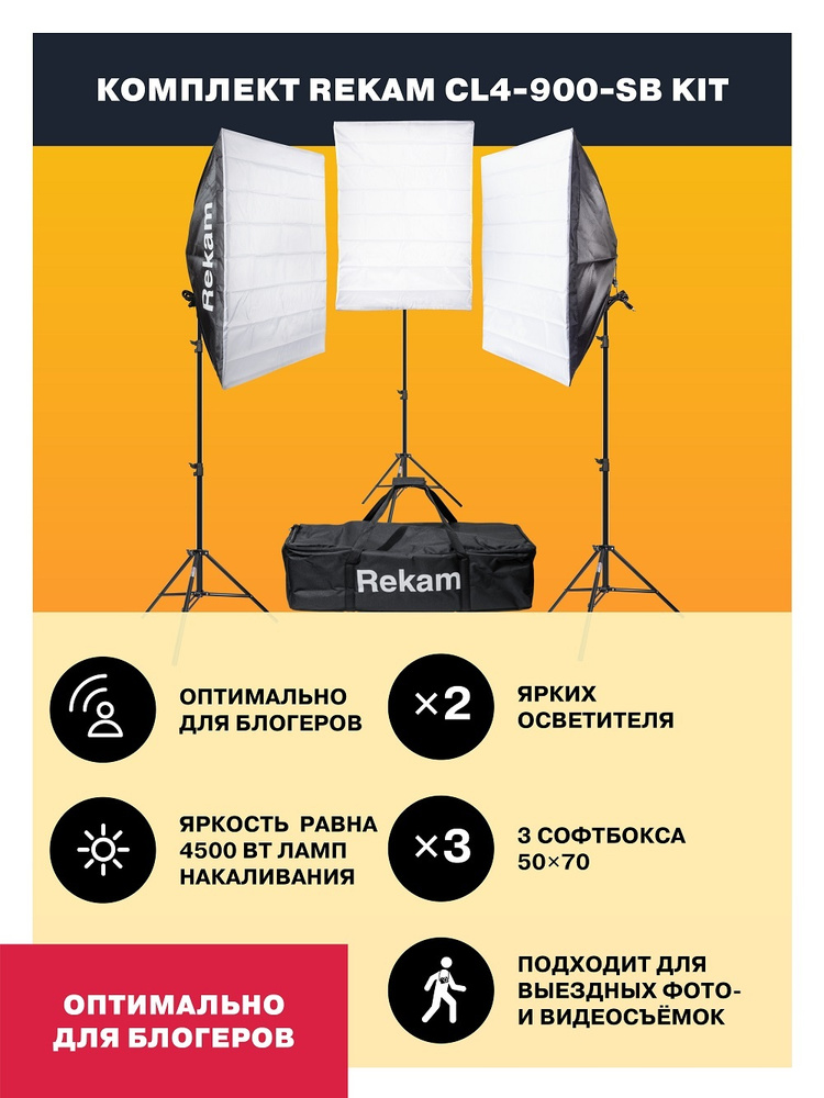 Студийный свет Rekam CL4-900-SB Kit. Комплект постоянного света из флуоресцентных осветителей с софтбоксами #1