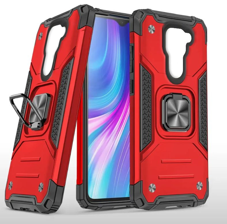 Противоударный чехол для Xiaomi Redmi Note 9 красный с пластиной для магнитного автодержателя и кольцом #1