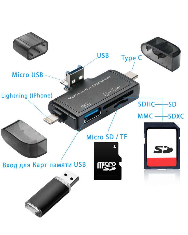 Картридер Type c, lightning,usb,microusb,картридер sd,microsd,универсальный  картридер, картридер для IPhone(айфон), картридер для Android