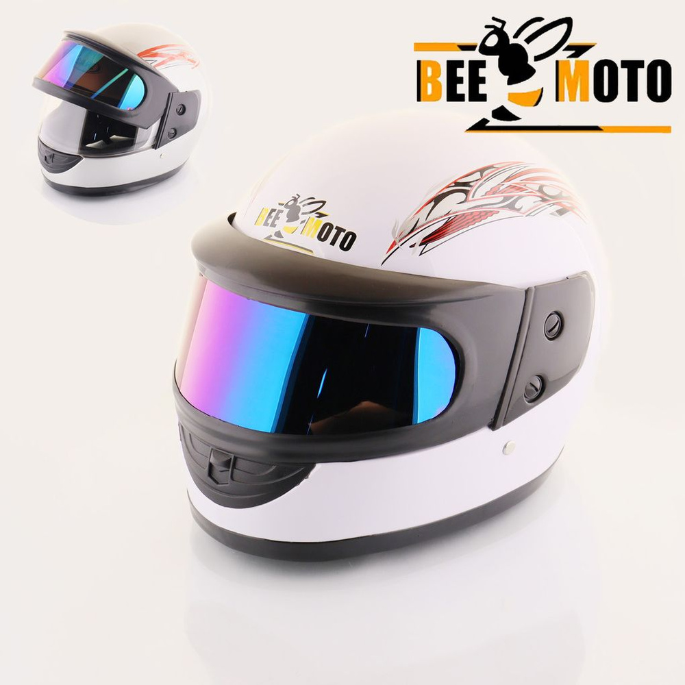 Мотошлем интеграл (size;S-XL, белый, с узором, двойной визор) T-03 ...