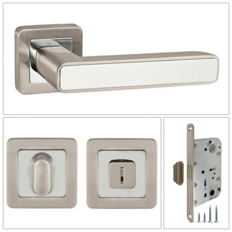 Комплект дверных ручек Punto MARS_QR_SN/WH-19_UN, матовый никель/белый (ручка + завертка WC + магнитный #1