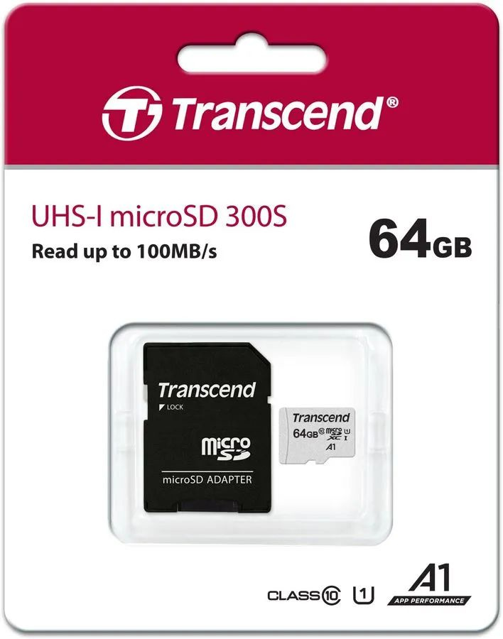 Transcend Карта памяти 300S 64 ГБ (TS64GUSD300S-A, microSDXC + SD адаптер, UHS-I, U1, V10, Class 10, #1