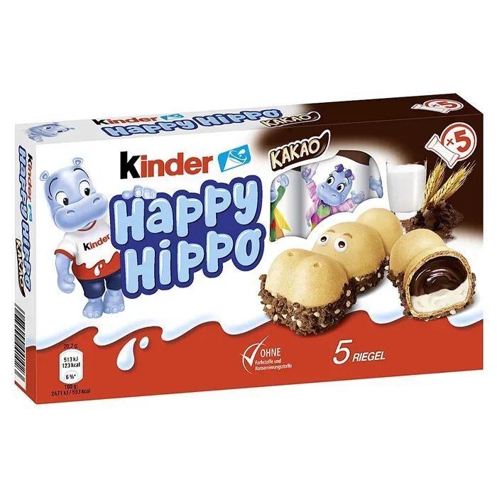 Шоколадно молочное печенье Kinder Happy Hippo Cacao, Киндер Хеппи Хиппо со вкусом Какао, 104 г  #1