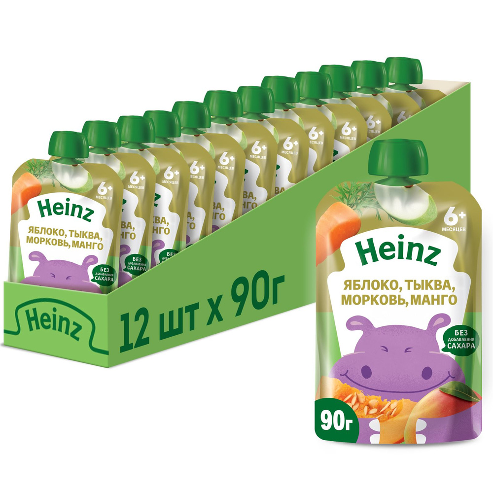 Пюре фруктово-овощное Heinz с 6 месяцев, яблоко, тыква, морковь, манго, 90  г x 12