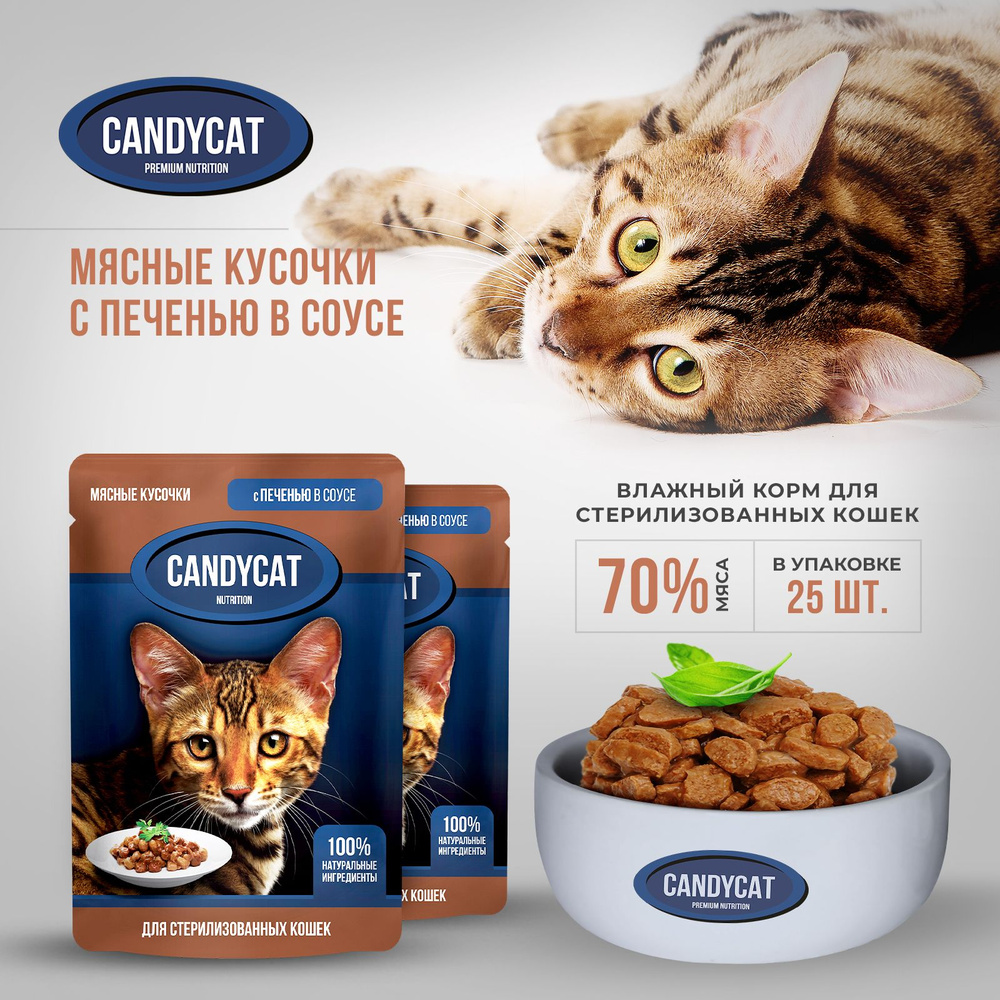 Влажный корм для кошек Candycat, Мясные кусочки с печенью, для кастрированных и стерилизованных, 25 шт #1