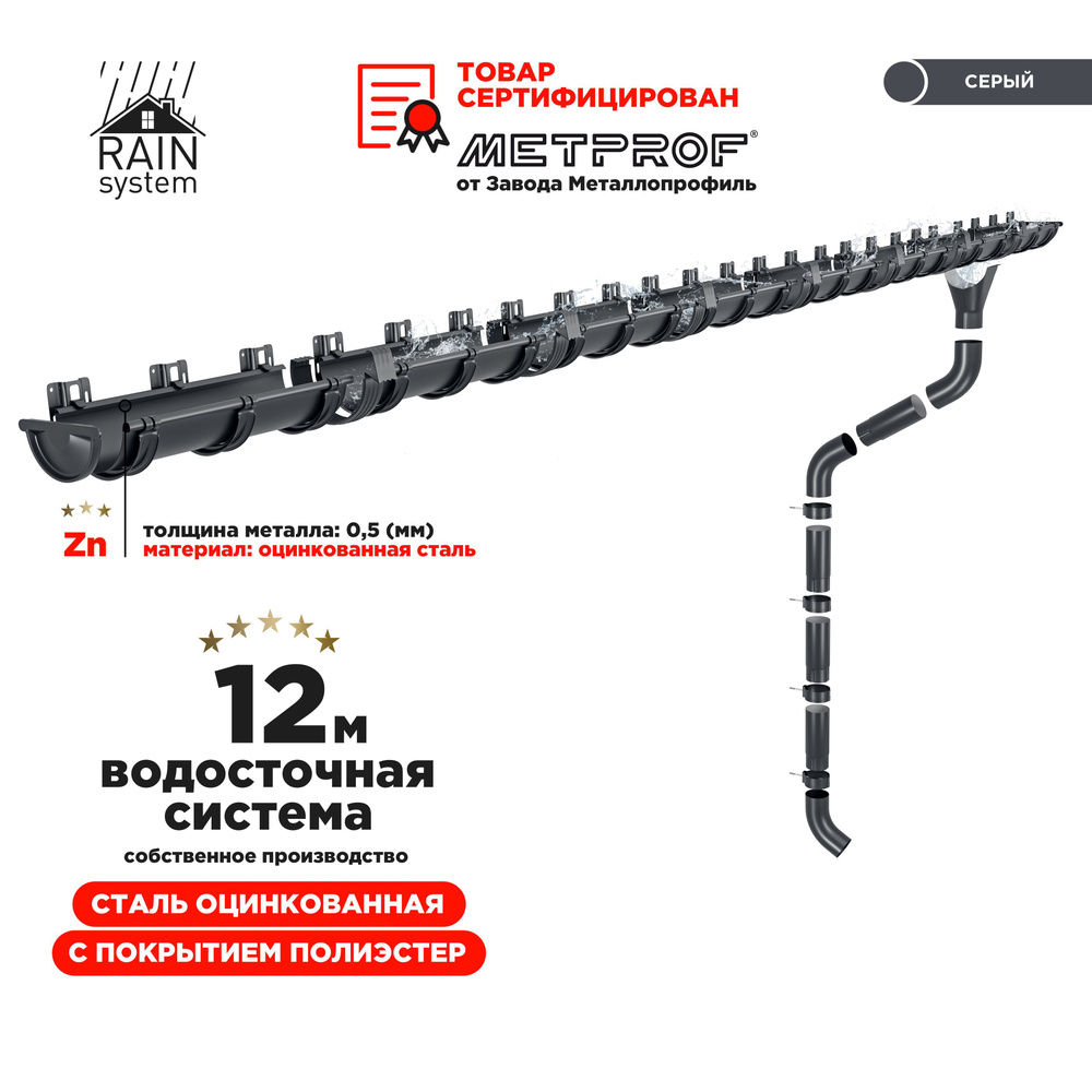 Водосточная система RAIN SYSTEM/ Комплект на 12 метров, цвет 7024 - купить  с доставкой по выгодным ценам в интернет-магазине OZON (552225558)