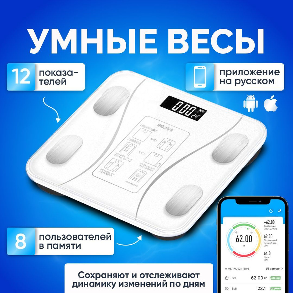 Умные весы напольные электронные точные для похудения и отслеживания веса,  подключение к смартфону по блютуз Bluetooth, 12 показателей, приложение на  ...