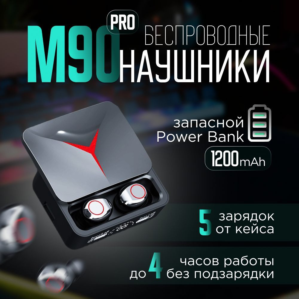 Беспроводные наушники Bluetooth M90 PRO / Игровые наушники с кейсом 1200  mAh и дисплеем, совместимые с iPhone и android