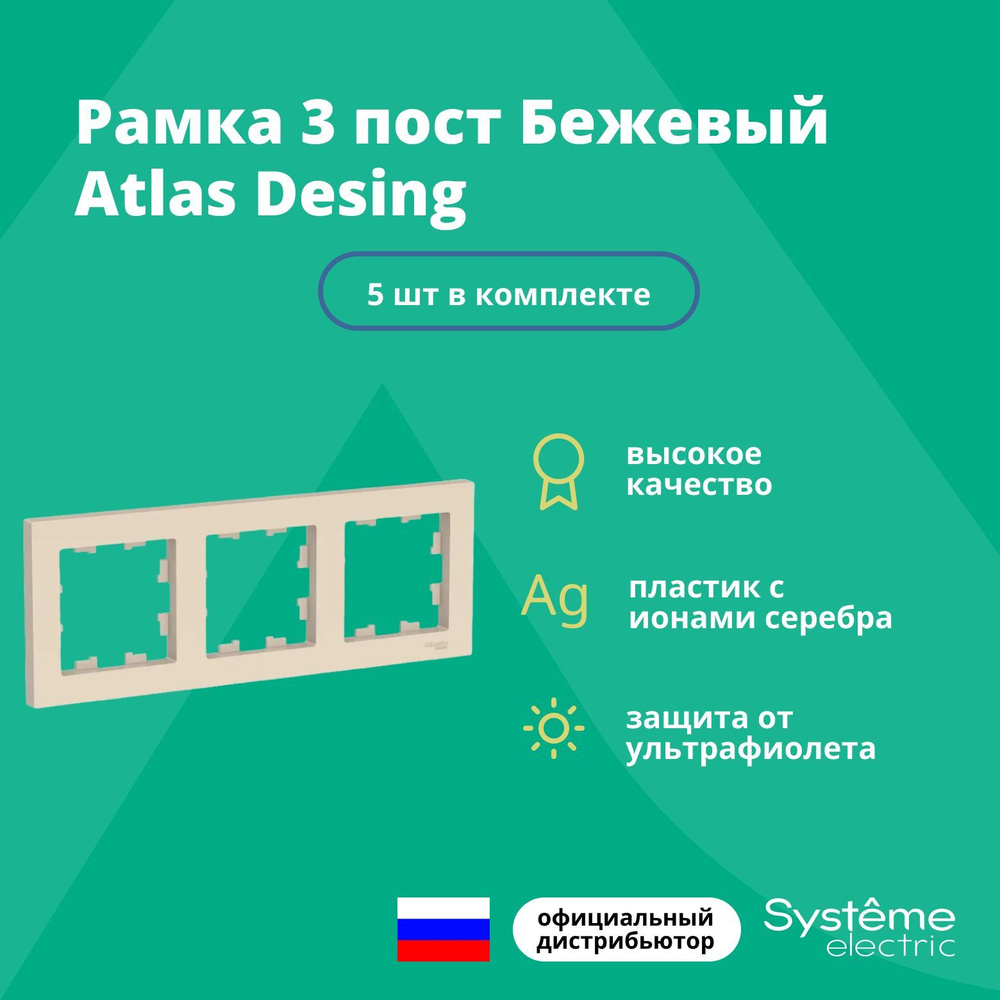 Рамка для розетки выключателя тройная Schneider Electric (Systeme Electric) Atlas Design Антибактериальное #1