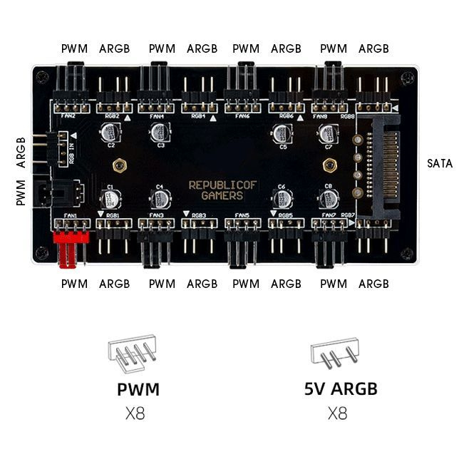 Разветвитель вентиляторов 4pin хаб подсветки ARGB 5V 3PIN, 8 выходов .