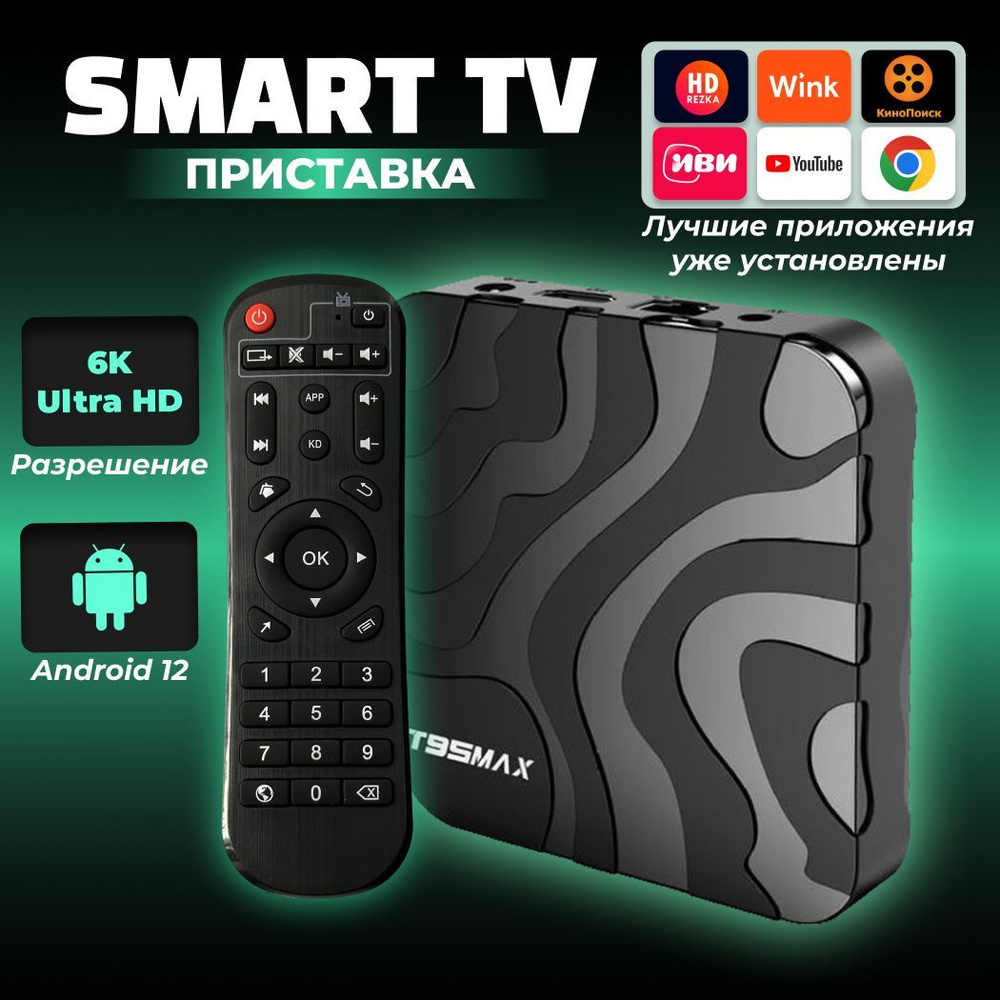 Медиаплеер T95MAX, RJ-45 Ethernet, TF, HDMI, USB, 3.5 мм, черный, Android  купить по низкой цене с доставкой в интернет-магазине OZON (1157934894)