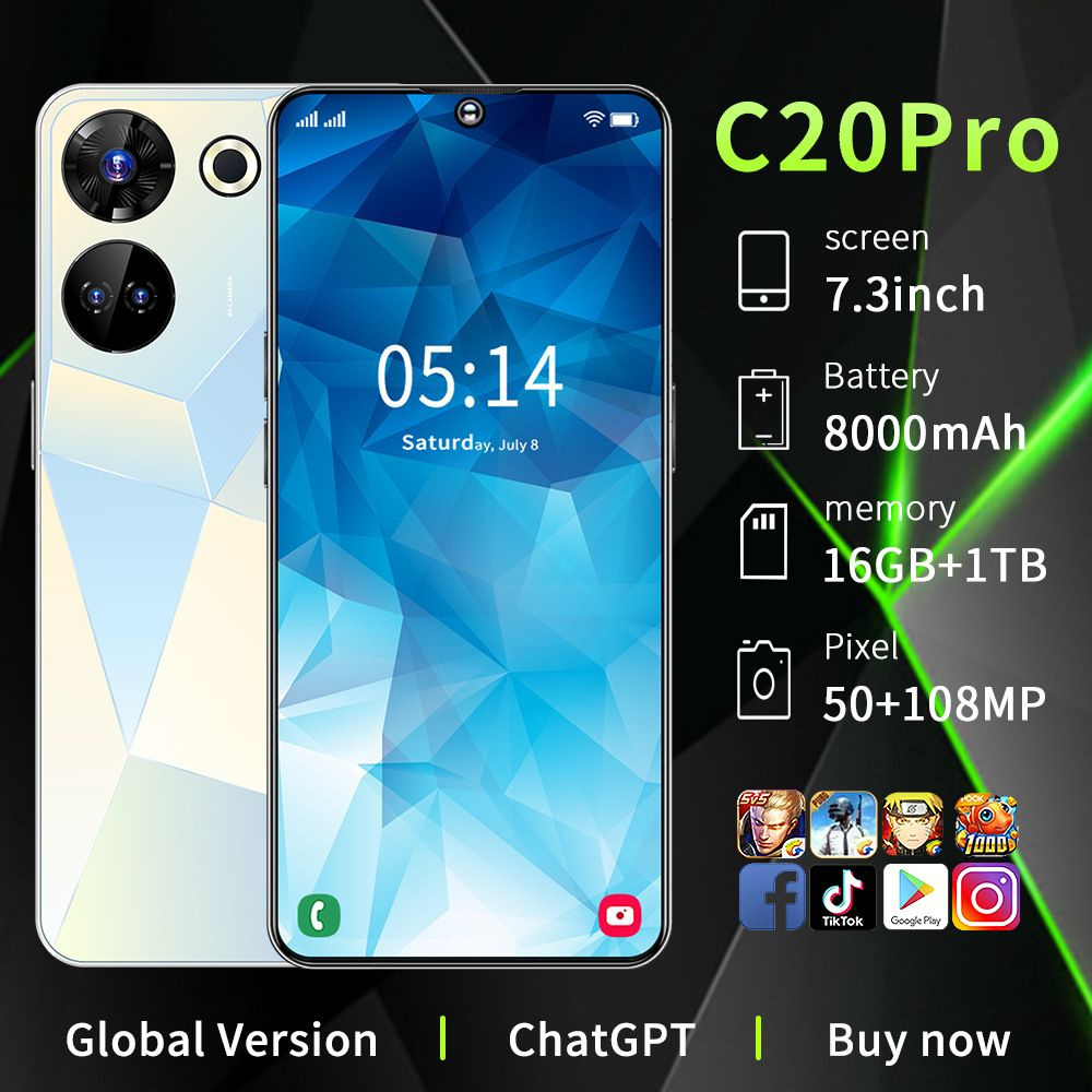 Смартфон 7,3-дюймовый доступный мобильный телефон C20 PRO с 10-ядерным  процессором, ОЗУ 8+256 ГБ, белый - купить по выгодной цене в  интернет-магазине OZON (1275738830)