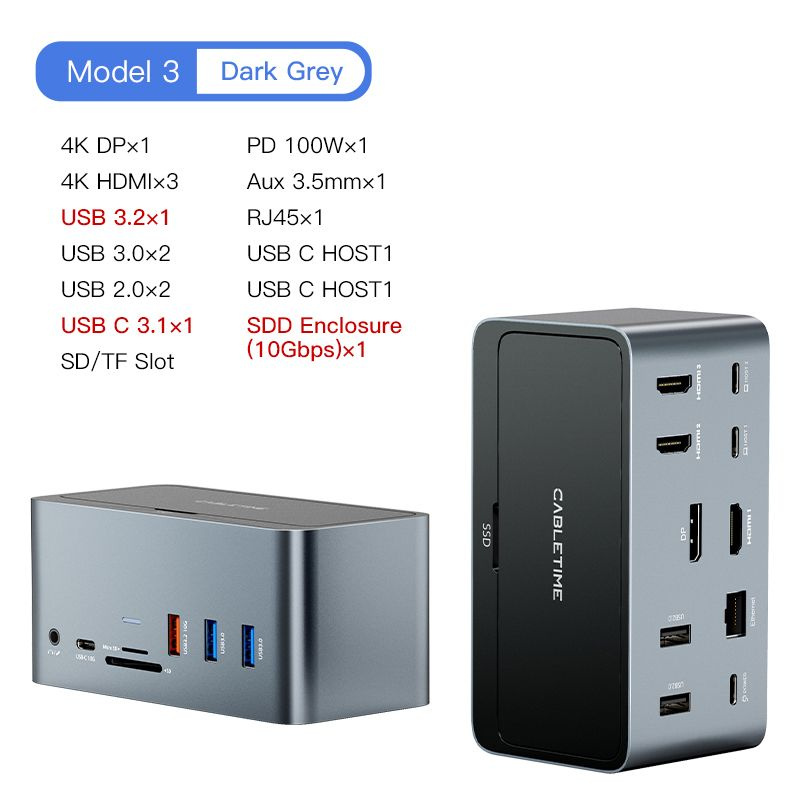 CABLETIME USB-док-станция USB C-концентратор 4K 60 Гц PD100W SSD-корпус ...
