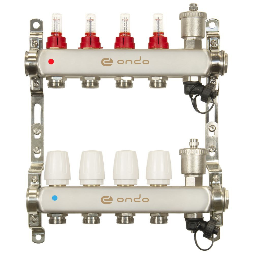 Коллекторная группа ONDO нержавеющая сталь 4 выхода в сборе с автоматическим воздухоотводчиком, расходомерами #1