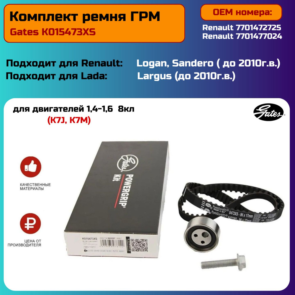 Комплект ГРМ для Рено Логан 1 оригинал Gates - Gates арт. K015473XS ...