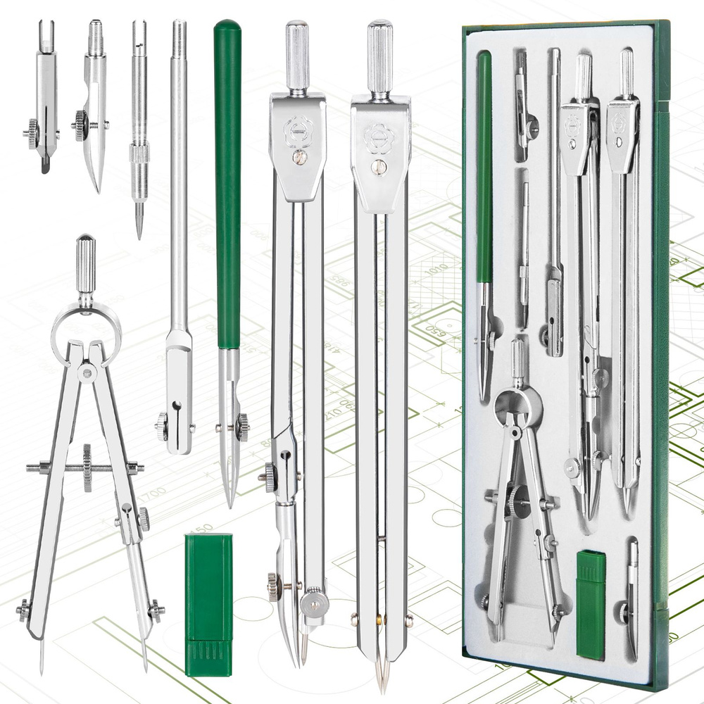 Готовальня профессиональная с циркулем, 9 предметов, для школы, для чертежных работ, для архитекторов #1