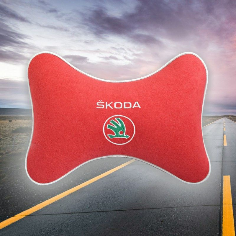 Автомобильная подушка под шею на подголовник из велюра красная с вышивкой для Skoda  #1