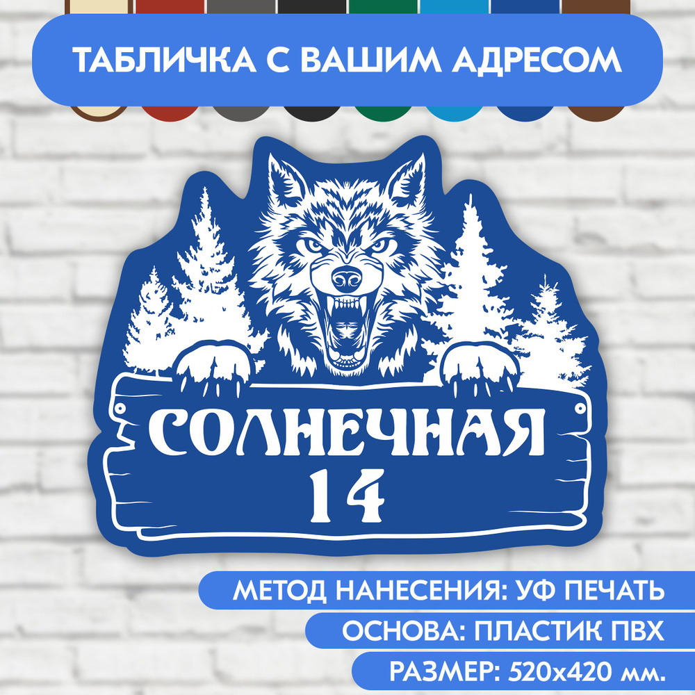 Адресная табличка на дом 520х420 мм. "Домовой знак Волк", синяя, из пластика, УФ печать не выгорает  #1