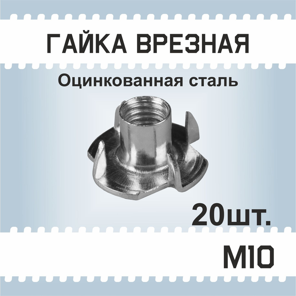 Гайка М10, 20 шт, мебельная врезная, усовая, забивная, DIN 1624  #1