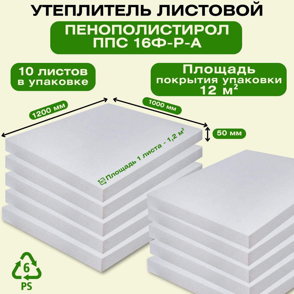 Утеплитель листовой Пенополистирол ППС 16Ф-Р-А 1200х1000х50 мм, 10 листов в  упаковке. Материал для изоляции и утепления наружных и внутренних  помещений, дачных домиков, беседок, хозяйственных построек купить по  доступной цене с доставкой в