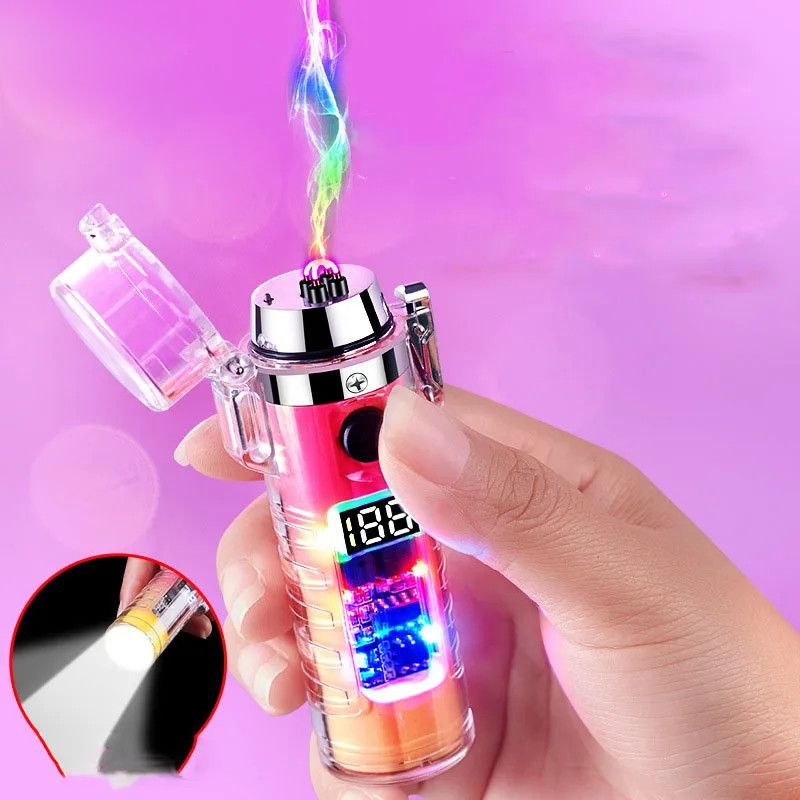 Зажигалка с подсветкой и фонариком, двойная дуга, желто-розовая ...