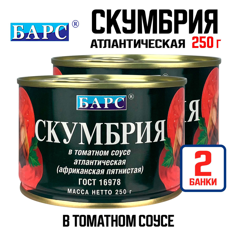 Консервы рыбные "БАРС" - Скумбрия атлантическая в томатном соусе (куски), 250 г - 2 шт  #1