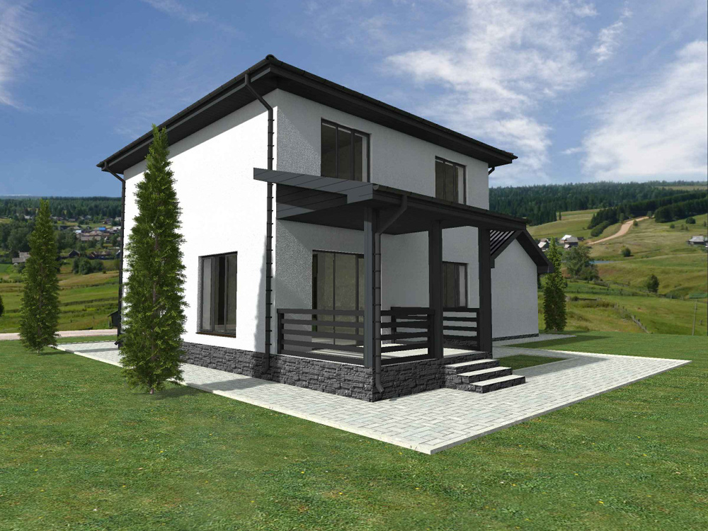 Проект двухэтажного дома (площадь 140.1 кв.м) без гаража из газобетонного блока с облицовкой из искусственного #1