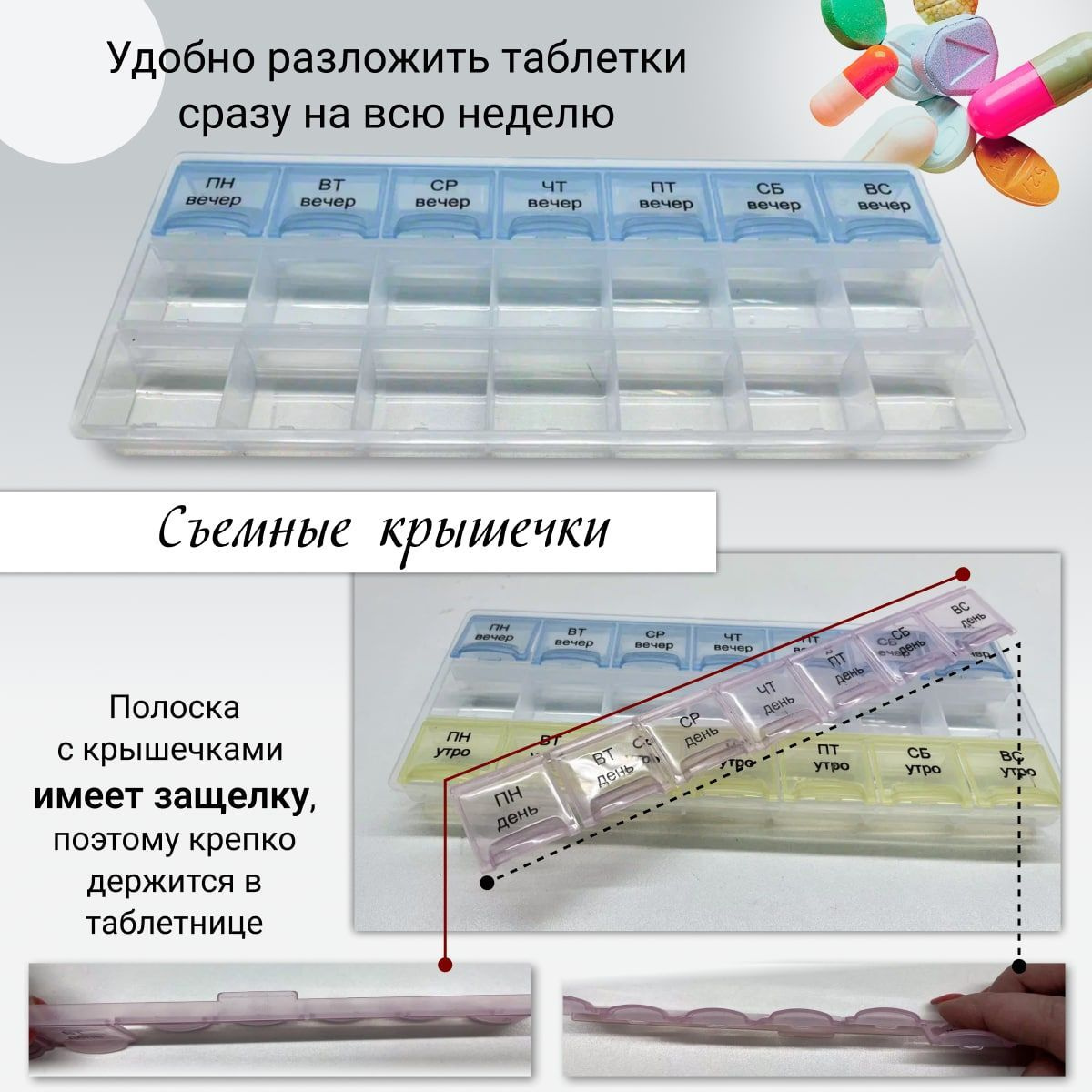 Таблетница на неделю 21 секция на русском языке, 7 дней - 3 приема ...