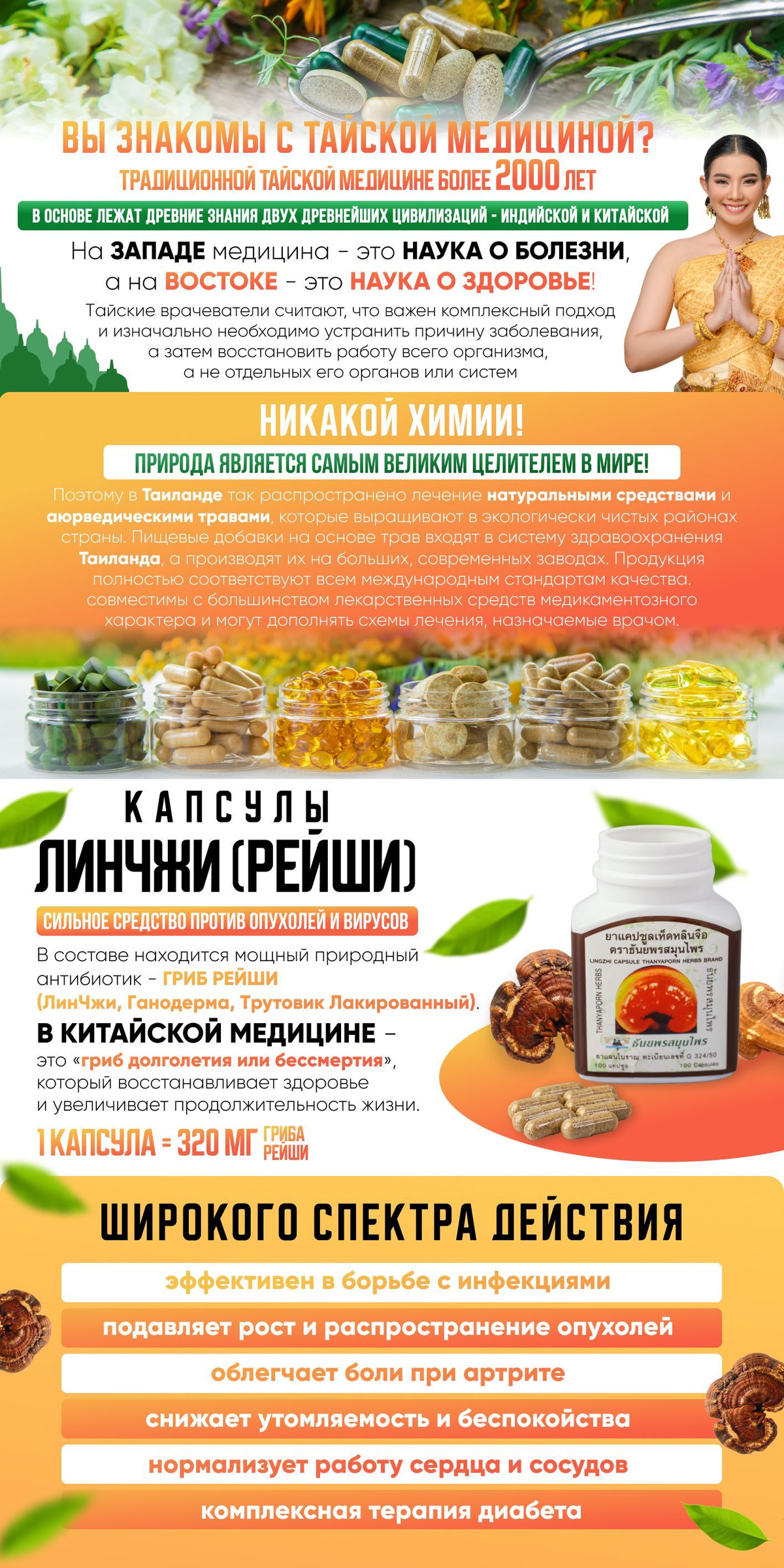 Thanyaporn Herbs капсулы Грибы Линчжи Рейши для иммунитета от онкологии ...