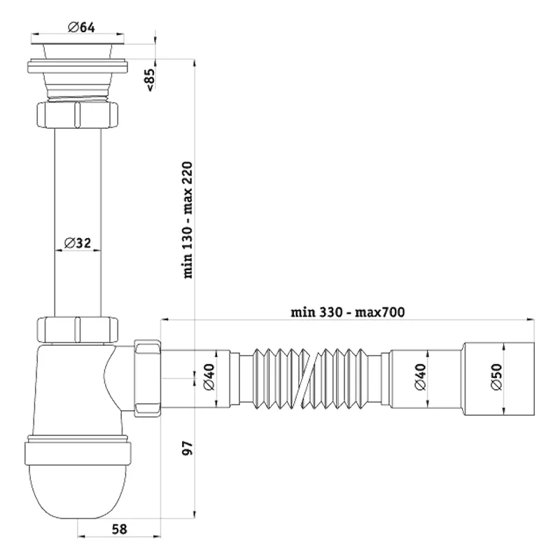 Сифон для раковины кухонной мойки гофрированный АНИ пласт C1015, 1 1/4"х40 с гибкой трубой 40х40/50 мм, 40x40, фото 4