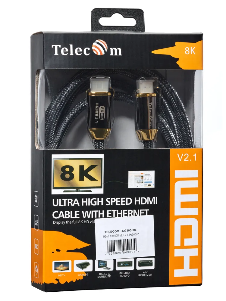 HDMI 2.1 кабель 3 метра медь TELECOM 8K провод в оплетке сверхскоростной (TCG300-3M), 3 м, фото 2