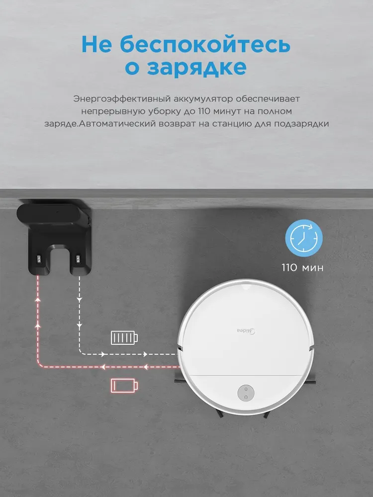 Робот-пылесос Midea VCR04W, 2000 мАч, RU версия, сухая и влажная уборка, пульт ДУ, HEPA фильтр, датчики перепада высоты, белый, 2000 мАч, фото 6