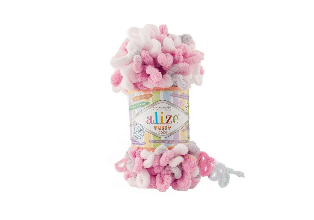 Пряжа для вязания Puffy Color Alize, 5 мотков (9м, 100 гр), цвет 6370 Розовый-белый-серый. Большие петельки #1