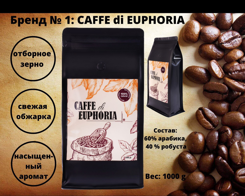 Кофе эспрессо в зернах 1 кг CAFFE di EUPHORIA 60% арабика 40%, робуста ...