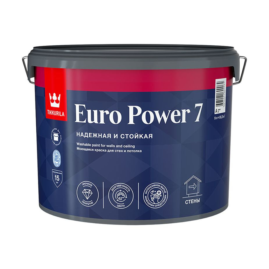 Краска Tikkurila водно-дисперсионная Euro Power 7 моющаяся белая основа ...