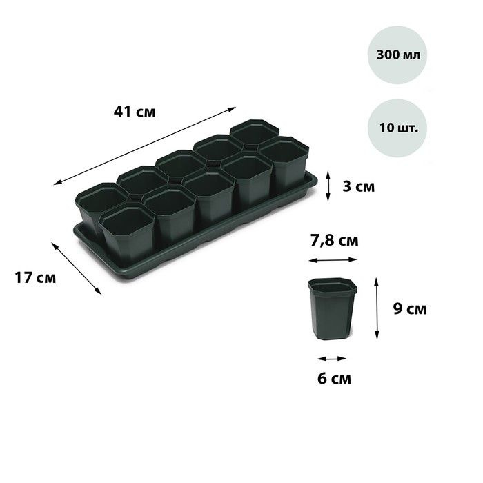 Набор для рассады: стаканы по 300 мл (10 шт.), поддон 41 x 17 см, цвет МИКС  #1