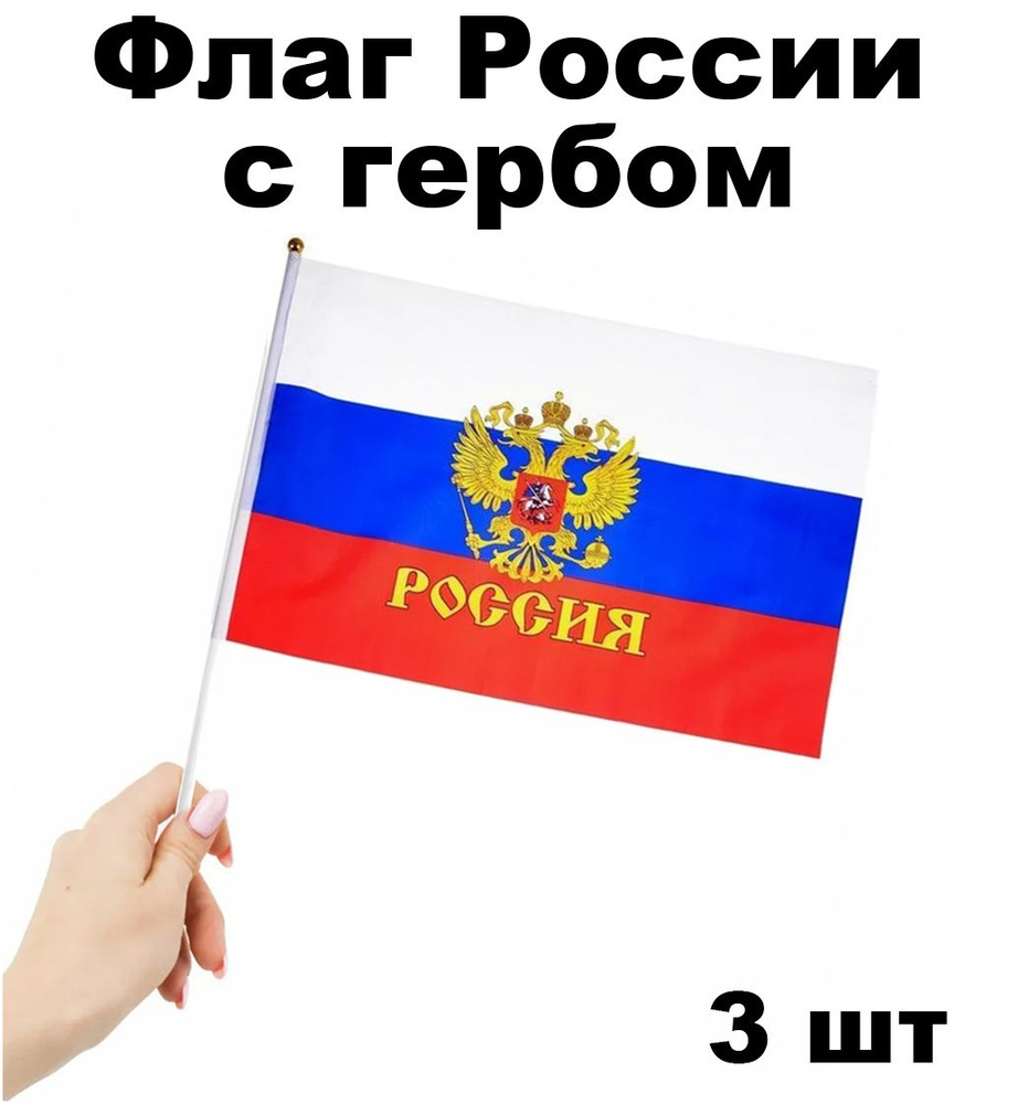 Флаг России с гербом маленький размер 20х30 (3 штуки) #1