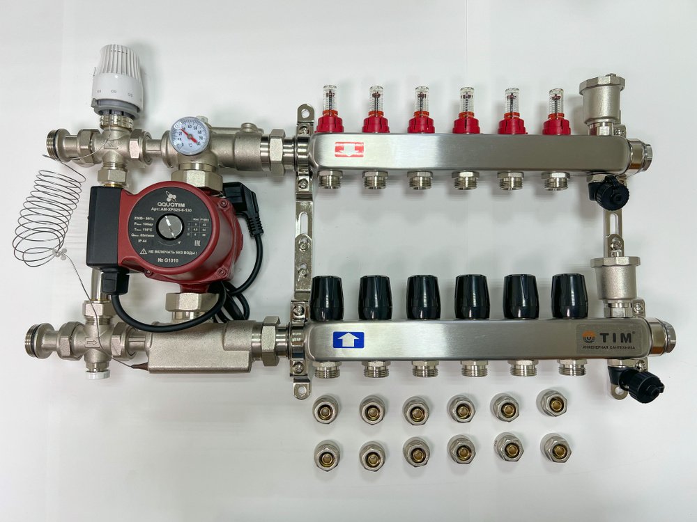 Комплект для водяного теплого пола с насосом: Коллектор 6 выхода с расходомерами + смесительный узел #1