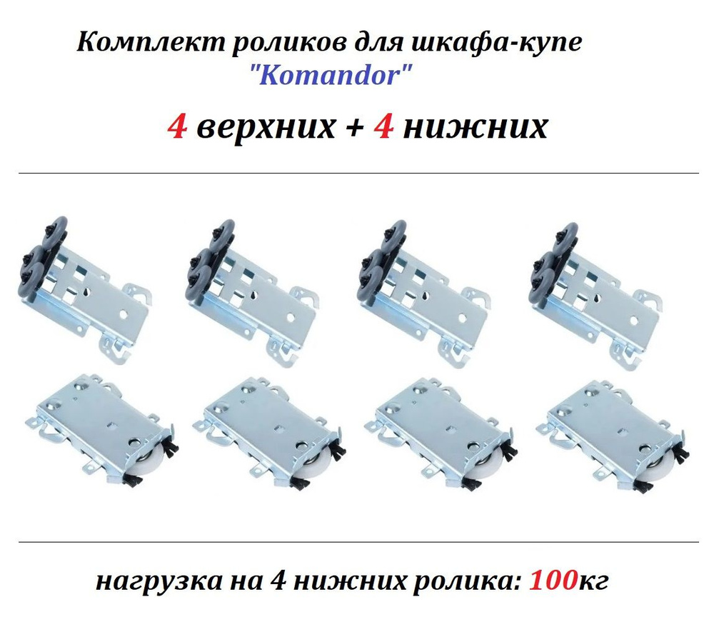 Комплект роликов, колёс для шкафов купе под стальную систему Komandor/Командор (4 верх + 4 ниж)  #1