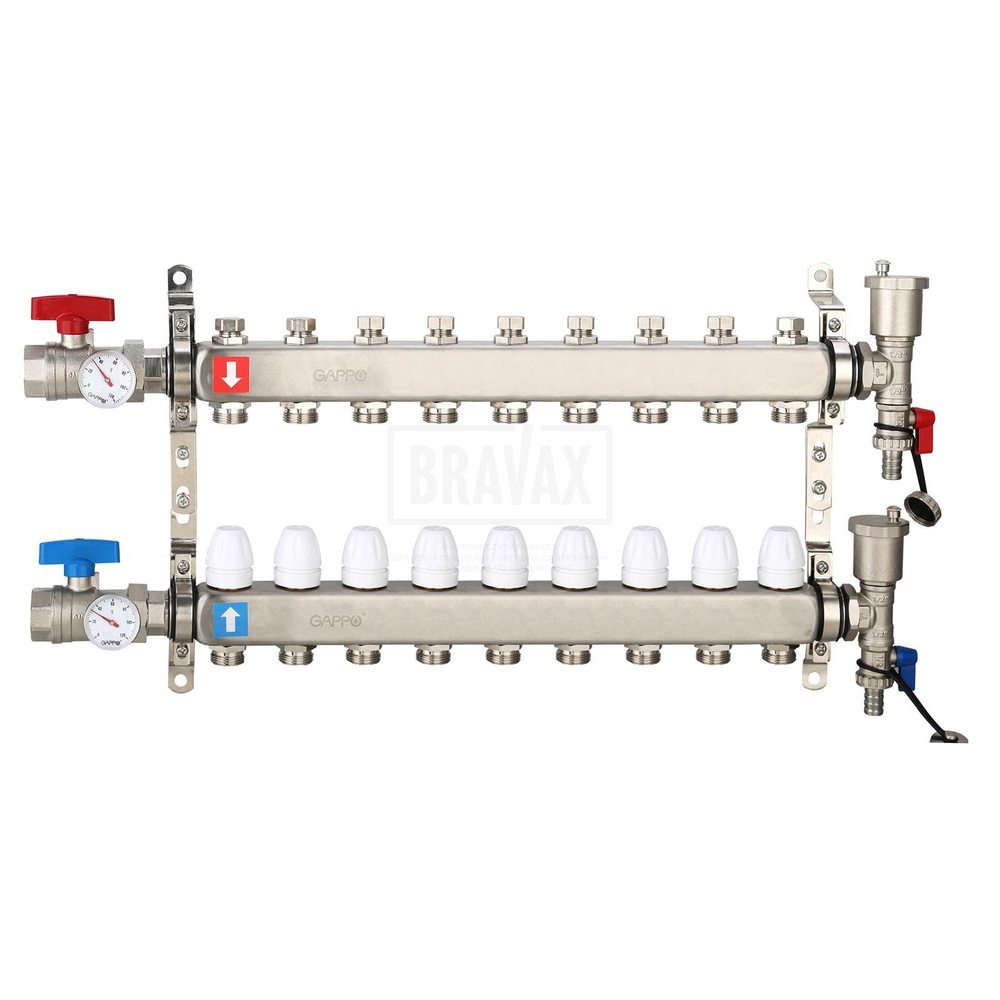 Коллектор регулируемый с запорными клапанами Gappo 9 вых. #1