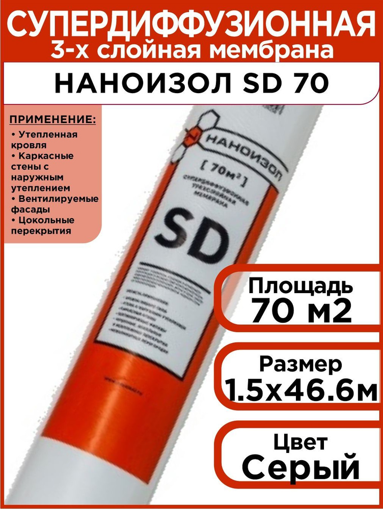 Супердиффузионная 3-х слойная мембрана Наноизол SD (1,5*46,67м) 70 м2  #1
