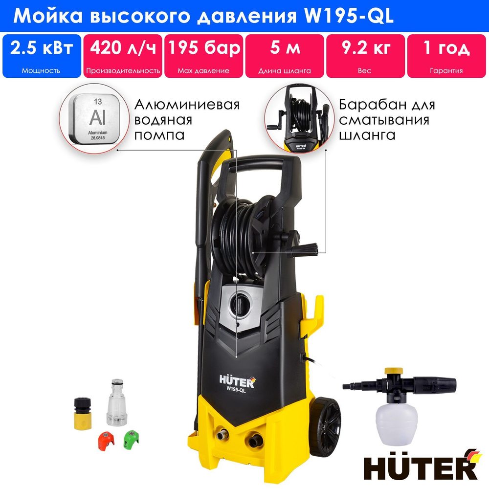 Мойка высокого давления, минимойка, Huter W195-QL (195 бар, 2500вт, с  функцией самовсасывания) - купить в интернет-магазине OZON с доставкой по  России (945054463)