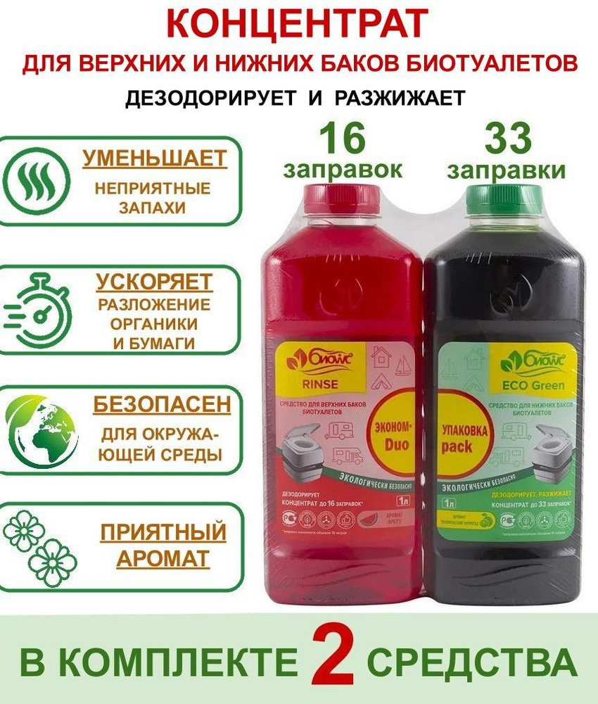 Набор средств для биотуалетов РФ БИОwc ECO Green + БИОwc RINSE. Набор 2 литра.  #1