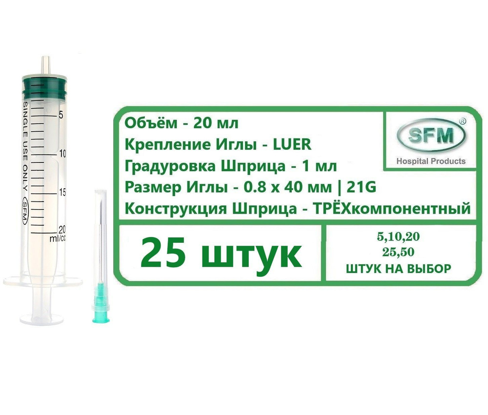 Шприц 20 мл трехкомпонентный, медицинский, для инъекций и уколов, с ...
