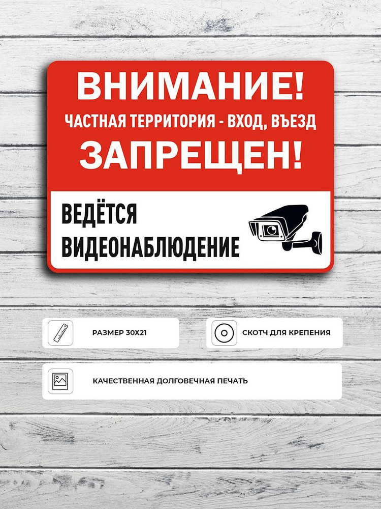 Табличка "Частная территория - вход, въезд запрещен, ведется видеонаблюдение" А5 (20х15см)  #1